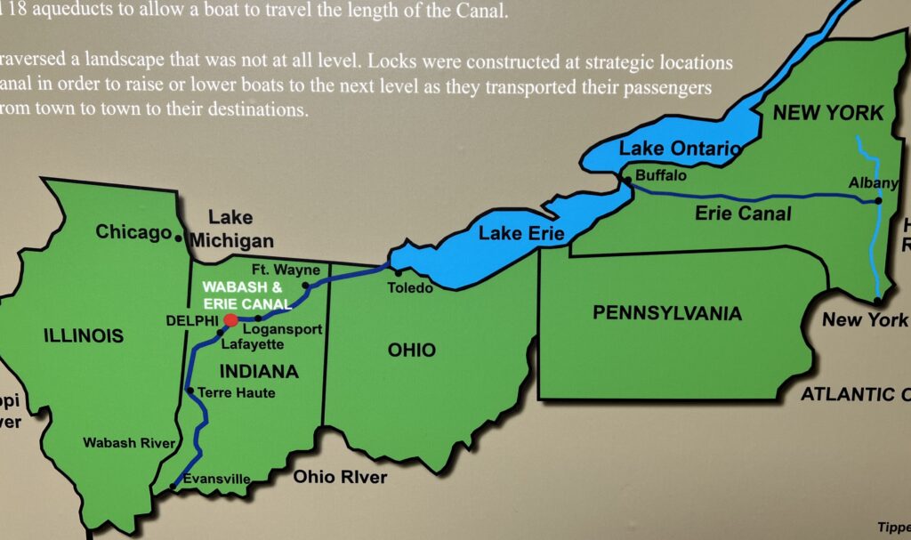 A map showing the route of New York's Erie Canal, Lake Erie, and the connection across Ohio and Indiana to the Wabash & Erie Canal.