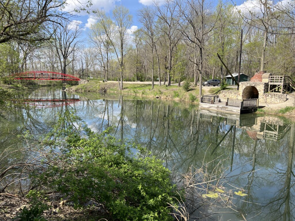 A view overlooking the Wabash & Erie Canal at the Red Bridge and the rebuilt Lime Kiln in Delphi.