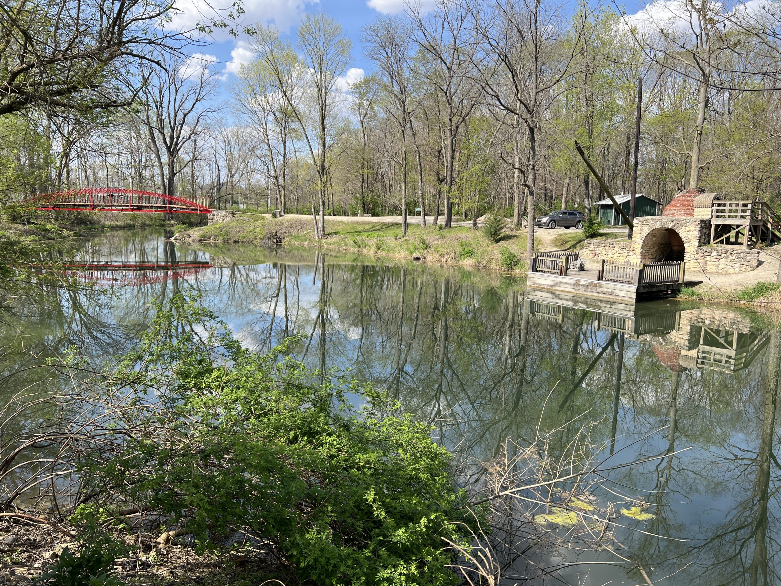 A view overlooking the Wabash & Erie Canal at the Red Bridge and the rebuilt Lime Kiln in Delphi.